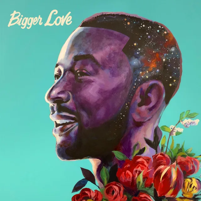 Bigger Love cover: a painted profile in purples against turquoise, a starfield in the hair, roses at the collar